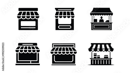 Six black silhouette of market stalls and shops kiosk