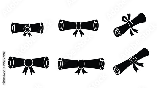 Six black diploma scrolls with ribbons and seals certificate