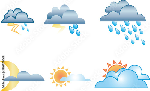 A collection of colorful weather icons depicting sunshine clouds rain thunderstorms and a crescent moon high quality professional detailed modern elegant