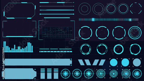 Futuristic user interface elements glowing lines shapes and digital displays