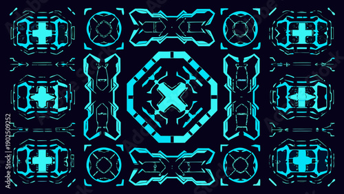 Futuristic cyan geometric pattern with repeating symmetrical shapes and glowing lines