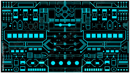 Abstract geometric pattern with glowing cyan lines on a black background