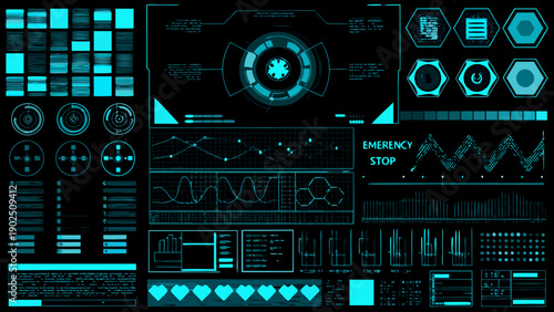 Futuristic user interface elements displayed on a dark background