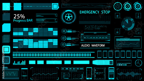 Futuristic user interface elements with progress bars and digital displays
