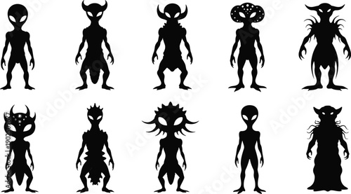 Alien monster silhouette icon set, fantasy creature, extraterrestrial design, horror figure, vector illustration, black pictogram, sci-fi, character, strange, surreal