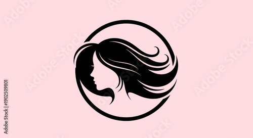 Elegant Woman Silhouette with Flowing Hair in Circle Logo.