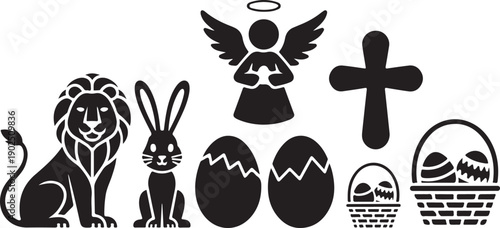 Religious easter symbols cross angel lion rabbit eggs basket black silhouette vector illustration