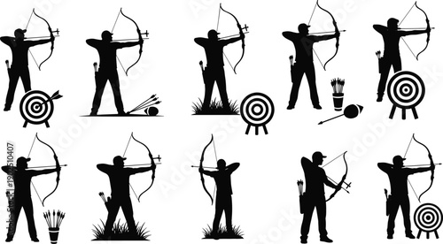 Archery silhouette icon set, archer aiming, bow arrow, target practice, quiver arrows, standing pose, vector illustration, black pictogram, sport, tradition, skill, competition