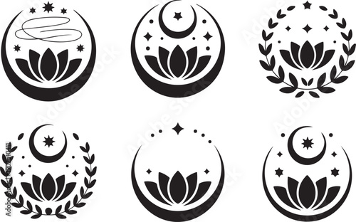 Set of Crescent moons with lotus flower, Flower Moon, Floral magic celestial clipart, Blooming Lotus Moon with Stars, Moon Phases
