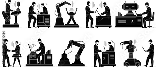 Artificial intelligence collaboration silhouette icon set, human robot interaction, machine learning teamwork, 