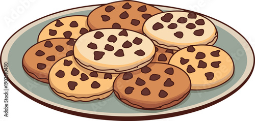 A plate of round chocolate chip cookies with brown and beige colors on a light blue plate chocolate chips