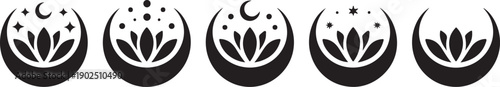 Set of Crescent moons with lotus flower, Flower Moon, Floral magic celestial clipart, Blooming Lotus Moon with Stars, Moon Phases
