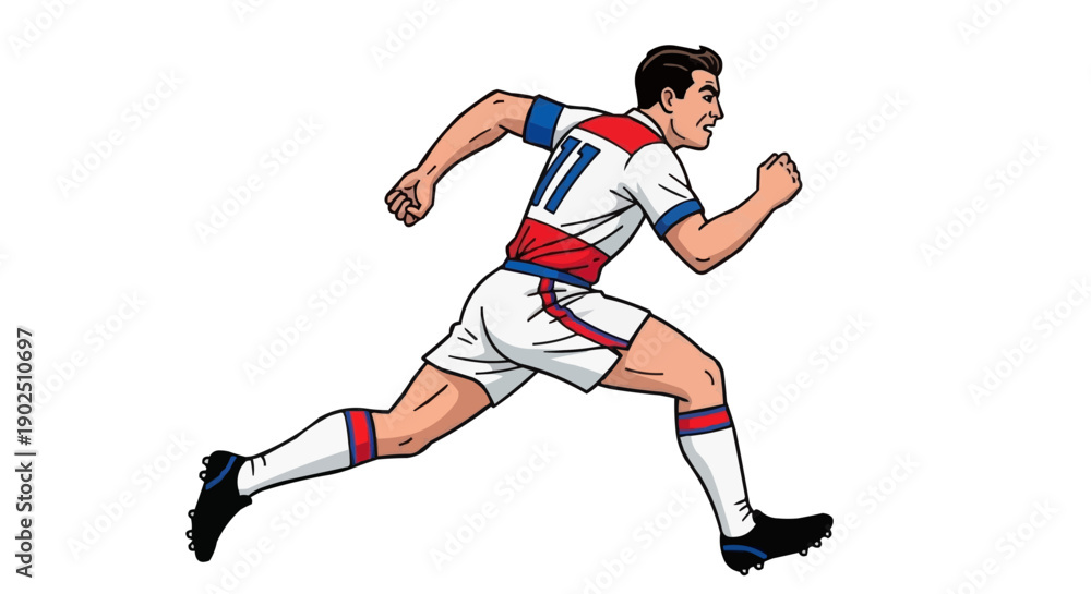 Naklejka premium A dynamic illustration of a man running in a sports uniform in the colors white, blue, and red
