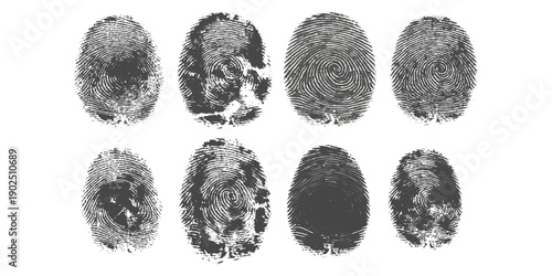 Set of grunge black fingerprint textures isolated on white background vector illustration for security identity and crime concept