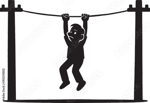 A man hanging on wire between two pols in black and white silhouette vectors with transparent background 