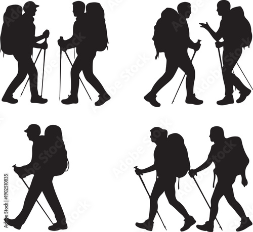 Set of Hiking Couple Silhouette in various poses isolated on transparent background
