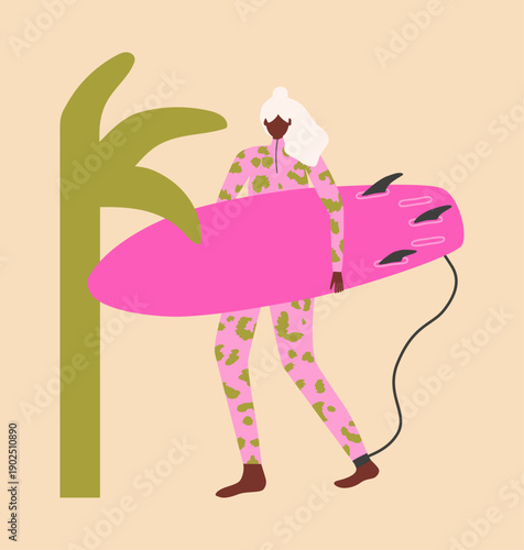 Girl in leopard print swimsuit on palm beach with a surfboard. Isolated vector illustration
