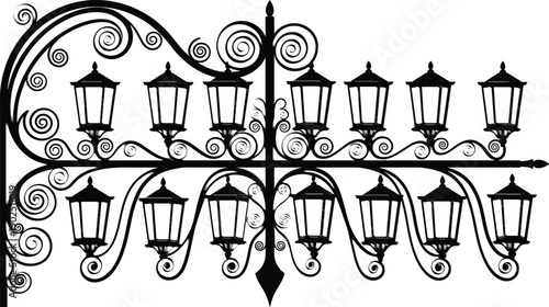 Vintage street lamp silhouettes with ornate iron scrollwork isolated vector illustration classic lantern lights decorative urban design element