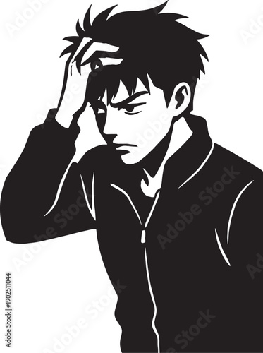  Adult Boy ran his finger through his hairs  in black and white silhouette vectors with transparent background 