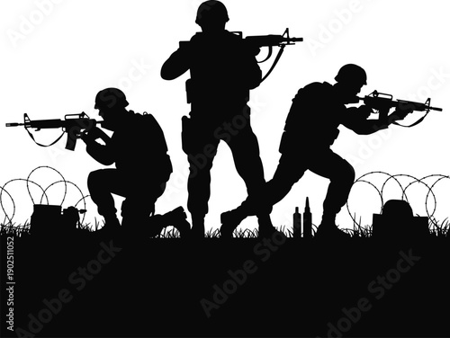 WebSilhouette soldiers in battlefield combat stance, military operation illustration with rifles, war zone defense readiness, tactical armed forces action, warfare scene