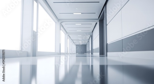 Wallpaper Mural Bright modern white corridor with polished floor and large windows, clean architectural style Torontodigital.ca