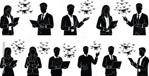 Business professional drone operator icon set, remote control, aerial coordination, technology interface, vector illustration, black pictogram, flight, automation, teamwork, innovation