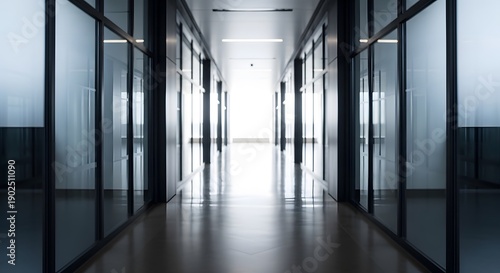 Wallpaper Mural Empty modern office corridor with glass walls and bright light at end, minimalist design concept Torontodigital.ca