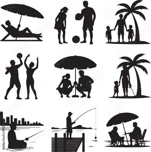 Set of vector various summer beach silhouettes
