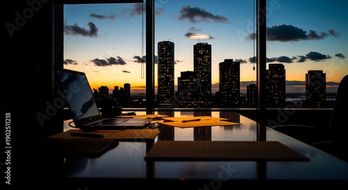Wallpaper Mural Executive office desk with laptop, papers, pens, overlooking city skyline at sunset. Torontodigital.ca