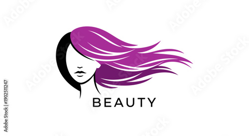 Elegant Woman with Flowing Purple Hair and Beauty Text.