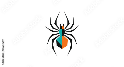 Modern geometric spider logo with vibrant orange, blue, and black colors on an isolated white background.