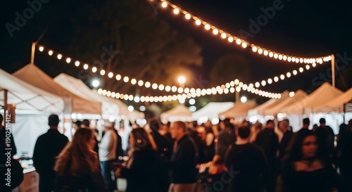 Wallpaper Mural Crowded night market scene with blurred people silhouettes and glowing string lights hanging above Torontodigital.ca