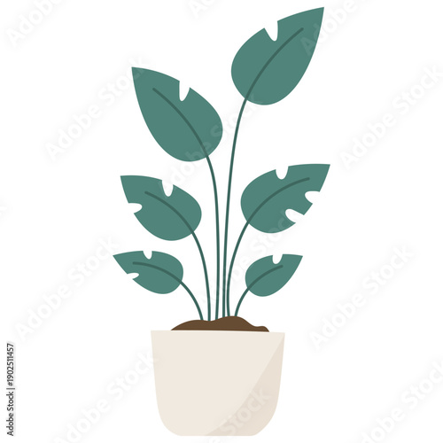 Green Leaf Plant In White Minimal Round Pot Vector