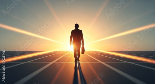 Wallpaper Mural Silhouette of businessman with briefcase walking toward bright sun on digital grid horizon path Torontodigital.ca