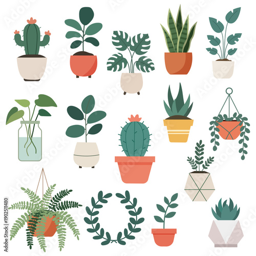 Indoor Potted Plants And Home Decor Vector Illustration Set