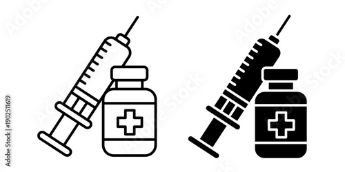 Vaccination black line icon set. Injections icons. Vaccine, medicine, syringe, needle, medication. Vaccination label, symbol, sign, logo, badge, flat vector, isolated illustration.