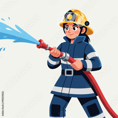 Female Firefighter Holding Fire Hose.