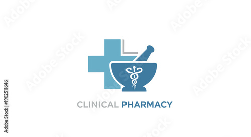 Clinical Pharmacy Healthcare Logo with Medical Cross and Mortar Pestle Icon, isolated white background