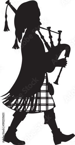Silhouette of a scottish bagpiper wearing kilt playing pipes illustration