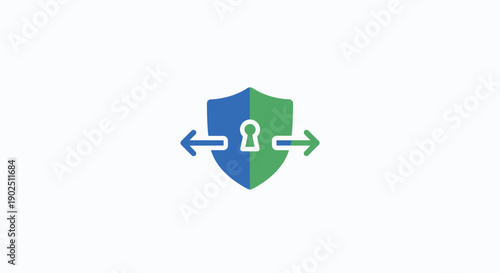 Green and Blue Shield with Padlock and Arrows Symbolizing Data Security and Protection on an Isolated White Background