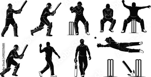 Cricket player silhouette icon set, sports action, batsman swing, bowler delivery, wicketkeeper catch, vector illustration, black pictogram, athletic pose, game