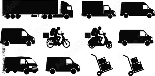 Delivery transportation vehicle silhouette icon set, truck, van, motorbike, bicycle courier, hand truck, logistics, shipping, cargo, vector illustration, black pictogram, industry, service