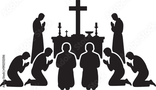 Silhouette of worshippers kneeling before altar with cross
