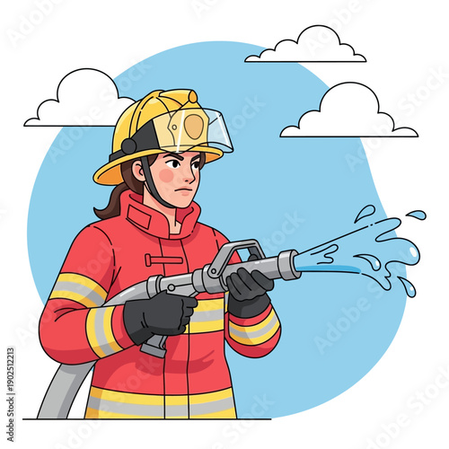 Firefighter Woman Holding Fire Hose.