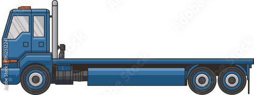 Blue flatbed truck with three axles and a long cargo platform on a white background