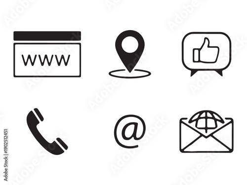 A collection of black outline contact and communication icons providing web address, location, like, phone, email.