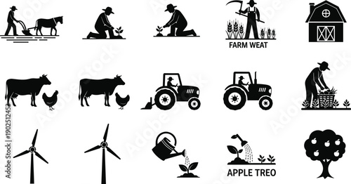 Farming agriculture silhouette icon set, farmer plowing, planting seedling, harvesting wheat, barn house, tractor driving, wind turbine, apple tree, watering plants, rural life, vector illustration