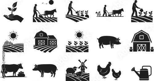 Farming agriculture silhouette icon set, farmer, crops, barn, animals, watering plants, tractor plow, rural life, vector illustration, black pictogram, food, nature, harvest