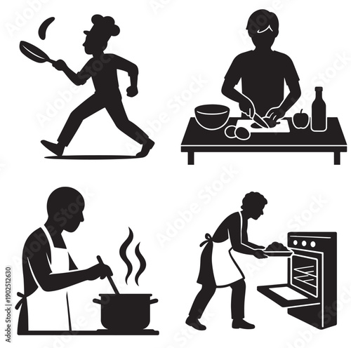 Diverse people preparing food in kitchen, cooking, baking, and flipping pancakes.