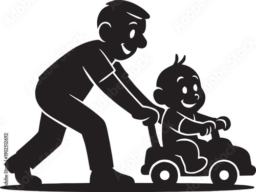  Baby sit on small vehicle and father push the vehicle in black and white silhouette vectors with transparent background 